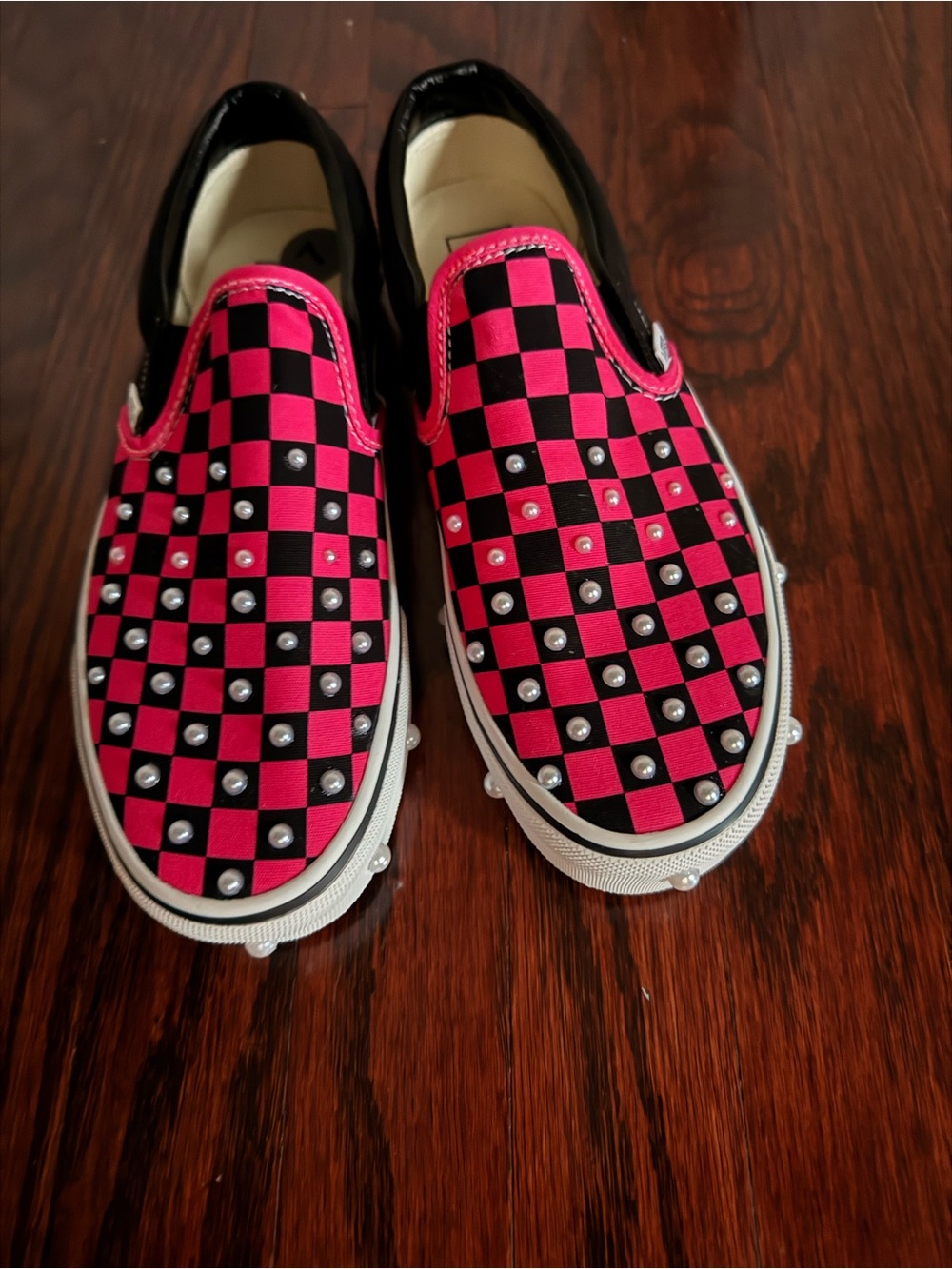 Vans Slip-On Sneakers with Pink & Black Checkerboard and Studs